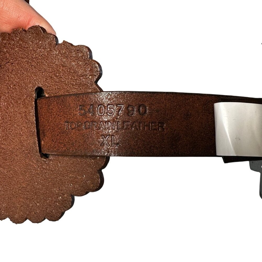 Vintage 80s Leather Concho Belt Brown Silver Hardware Heavy Western Large - Picture 8 of 10
